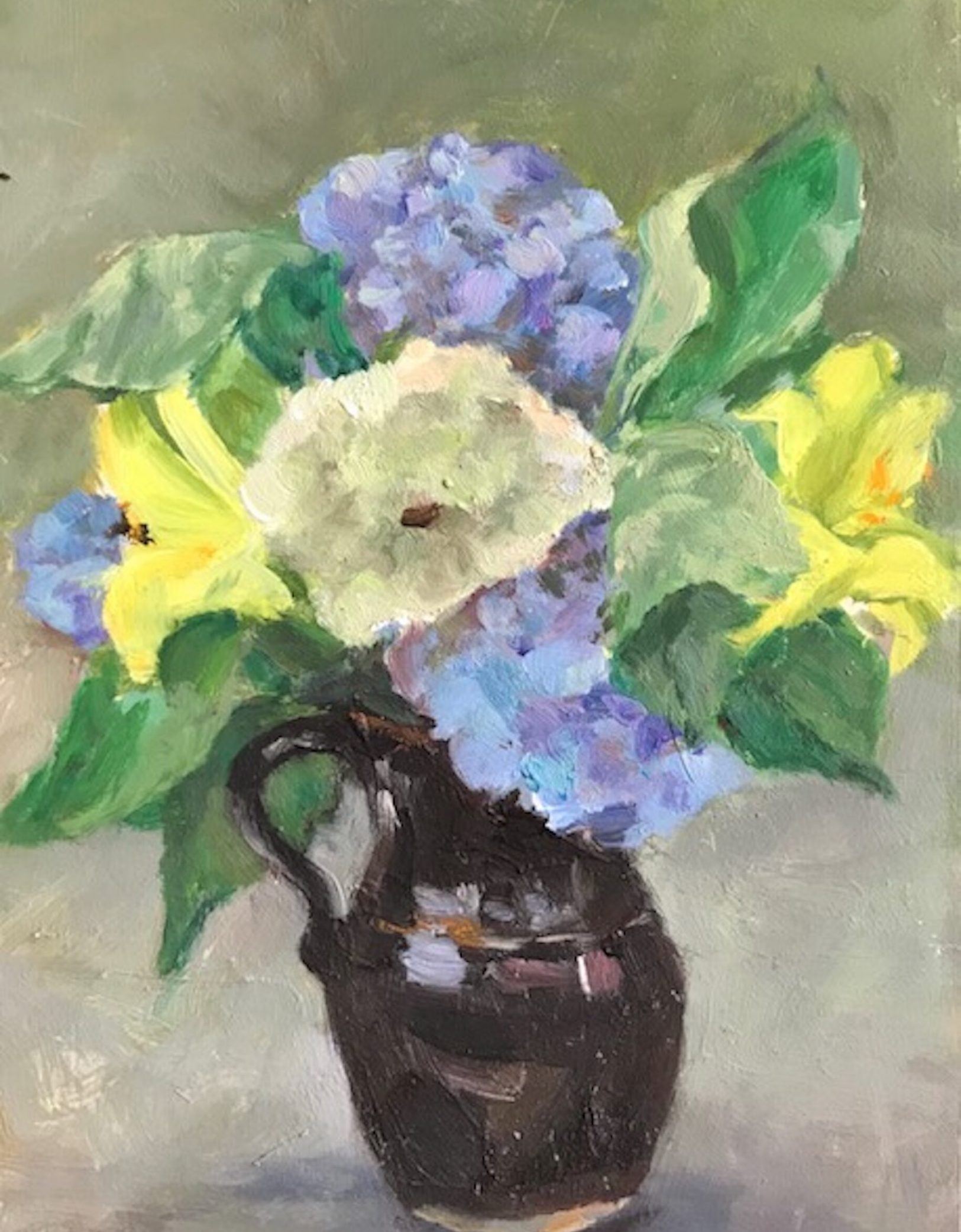 Hydrangeas and Brown Pitcher, oil on panel,
